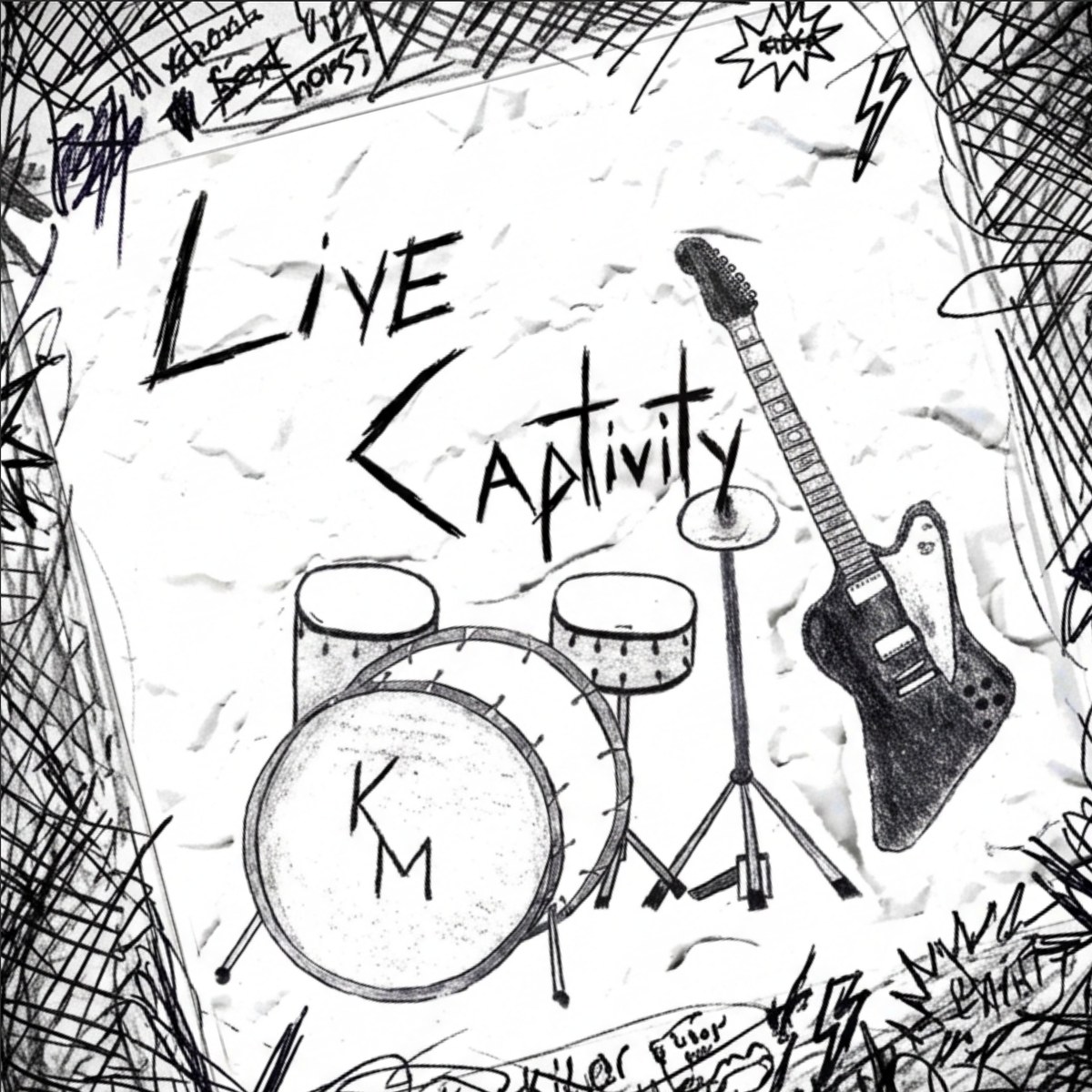 Live Captivity album artwork - hand-drawn drum kit and Firebird guitar on crumpled paper